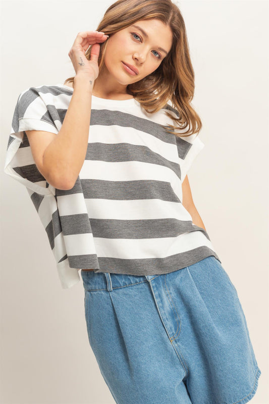 Boxy Babe Stripe Crew Neck Heather Gray