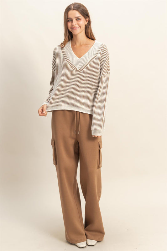 Playful Striped Taupe Casual Sweater