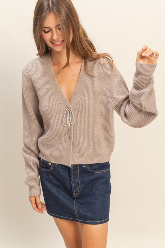 Holiday Sparkly Bow Embellished Cozy Cardigan Light Mocha