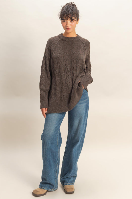 Chestnut Crew Neck Cable Knit Sweater