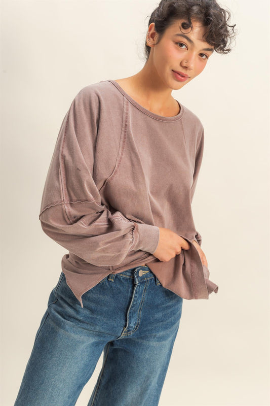 Chestnut Mineral Washed Oversized Top with slit