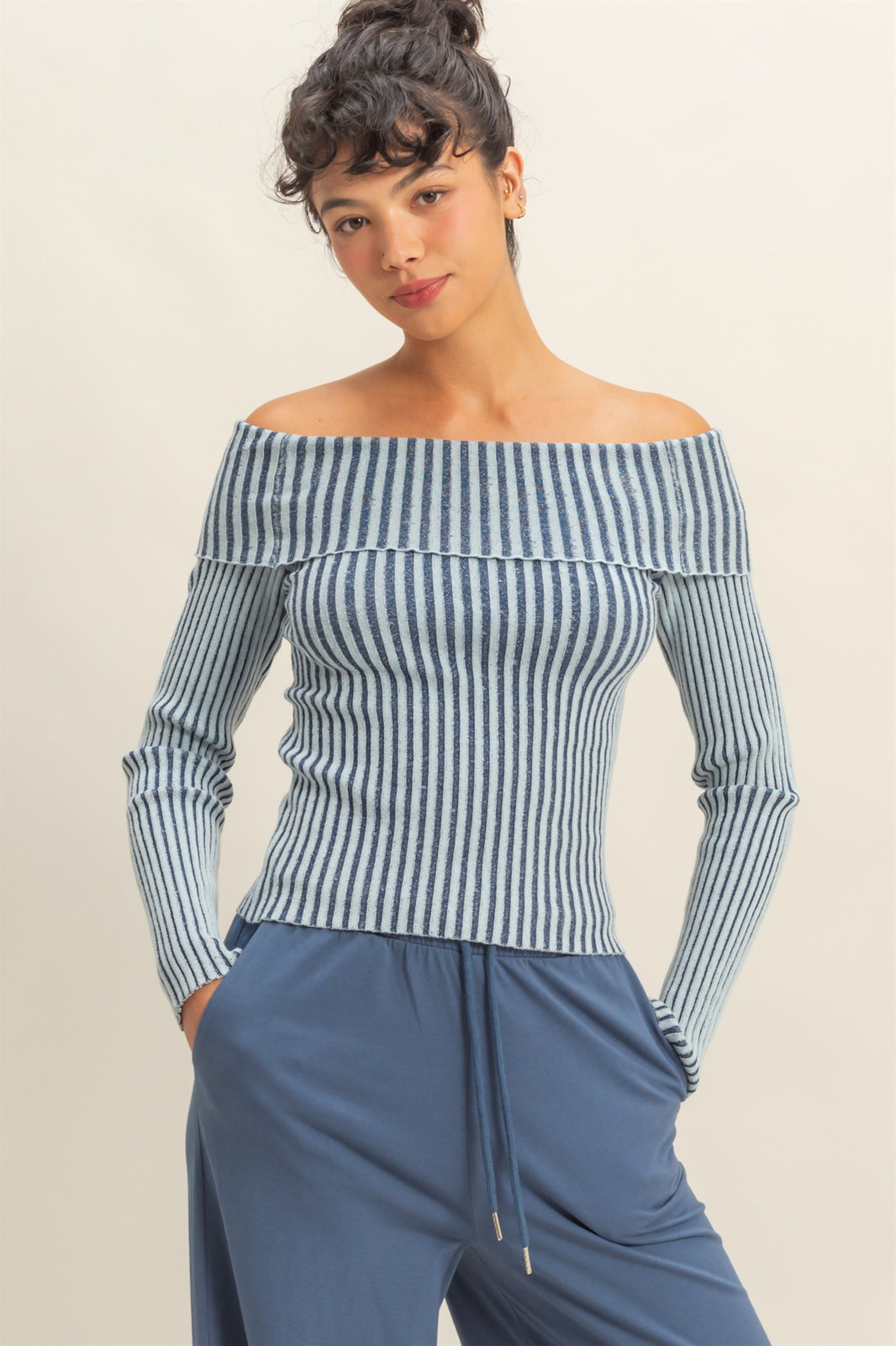 Light blue off shoulder ribbed knit top