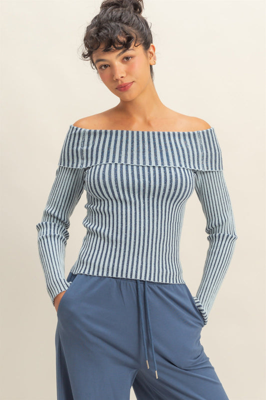 Light blue off shoulder ribbed knit top